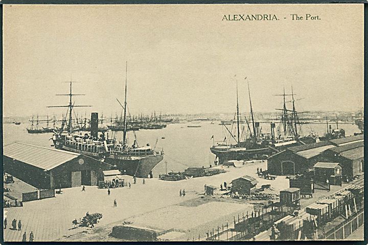Egypten. Alexandria. Havnen med skibe og togvogne på molen. B. Livadas & Coutsicos no. 387. 