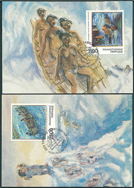 2 postkort. Grønland. Hans Lynge: Den svævende konebåd & Åndens Magt. Post Greenland. Hans Lynges Fond BET. 112 / 98 & 111 / 98. 