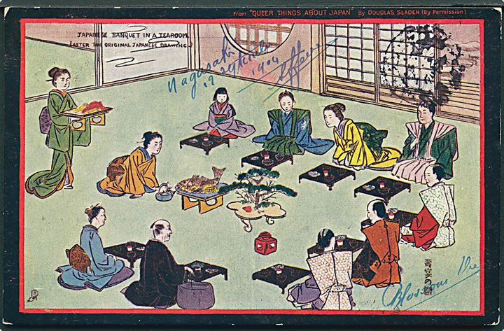 Douglas Sladen: Japanese Banquet in a Tea Room (Aften the original Japanese drawing). Raphael Tuck Queer things about Japan, serie 544.                         