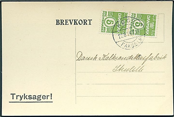 5 øre Bølgelinie i parstykke på tryksag fra Faxe Kalkbrud annulleret med bureaustempel Køge - Fakse Lp. T. 11 d. 22.6.1934 til Stenlille.