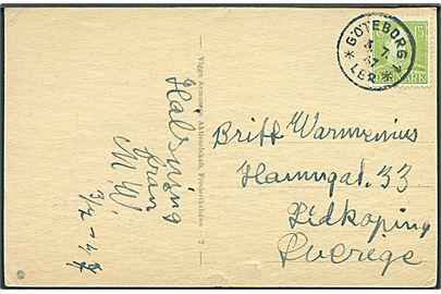 15 øre Chr. X på brevkort (Havneparti fra Frederikshavn) annulleret med svensk stempel i Göteborg d. 3.7.1947 til Lidköping, Sverige.