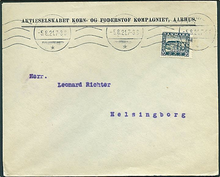 20 øre Genforening med perfin K.F.K. på fortrykt kuvert fra Aktieselskabet Korn- og Foderstof Kompagniet i Aarhus d. 5.8.1921 til Helsingborg, Sverige.