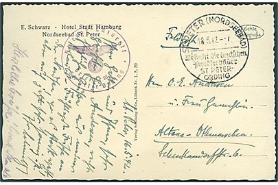 Ufrankeret feltpostkort stemplet St. Peter (Nordsee Bad) d. 18.5.1942 til Altona. Briefstempel fra Reserve Lazarett St. Peter-Ording.
