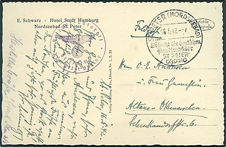 Ufrankeret feltpostkort stemplet St. Peter (Nordsee Bad) d. 18.5.1942 til Altona. Briefstempel fra Reserve Lazarett St. Peter-Ording.