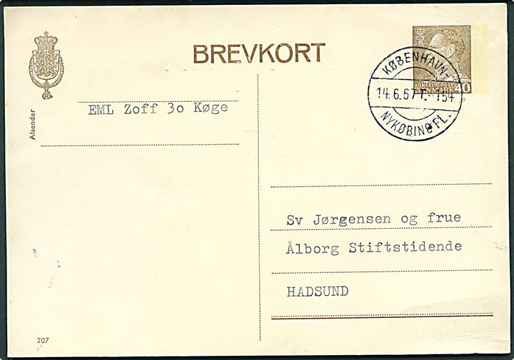 40 øre Fr. IX helsagsbrevkort (fabr. 207) fra Køge annulleret med bureaustempel København - Nykøbing Fl. T.154 d. 14.6.1967 til Hadsund.