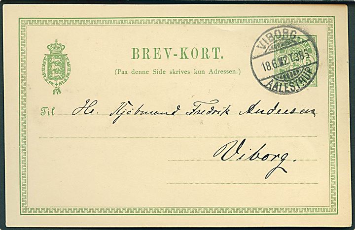 5 øre Våben helsagsbrevkort fra Holmgaard annulleret med bureaustempel Viborg - Aalestrup T.386 d. 18.6.1902 til Viborg.