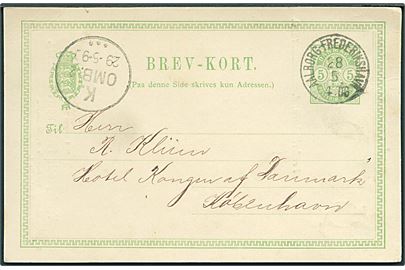 5 øre Våben helsagsbrevkort fra Frederikshavn annulleret med lapidar bureaustempel Aalborg - Frederikshavn d. 28.5.1890 til Kjøbenhavn.
