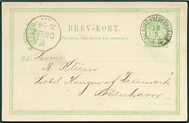 5 øre Våben helsagsbrevkort fra Frederikshavn annulleret med lapidar bureaustempel Aalborg - Frederikshavn d. 28.5.1890 til Kjøbenhavn.