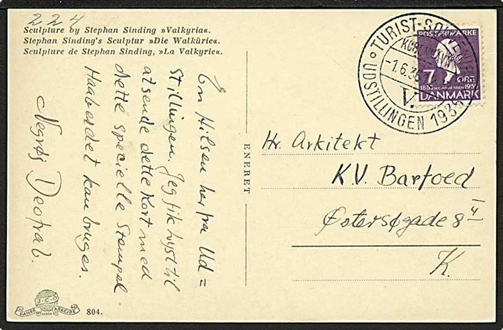 7 øre H.C.Andersen på lokalt brevkort annulleret med særstempel Turist-Souvenirs Udstillingen København V. d. 1.6.1936.