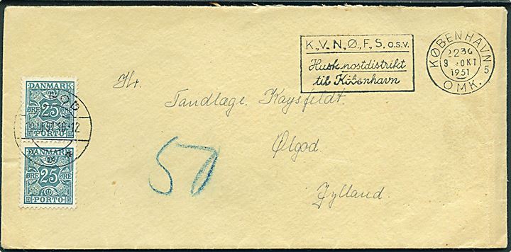 Ufrankeret brev fa København d. 9.10.1951 til Ølgod. Udtakseret i porto med 25 øre Portomærke i parstykke stemplet Ølgod d. 10.10.1951.