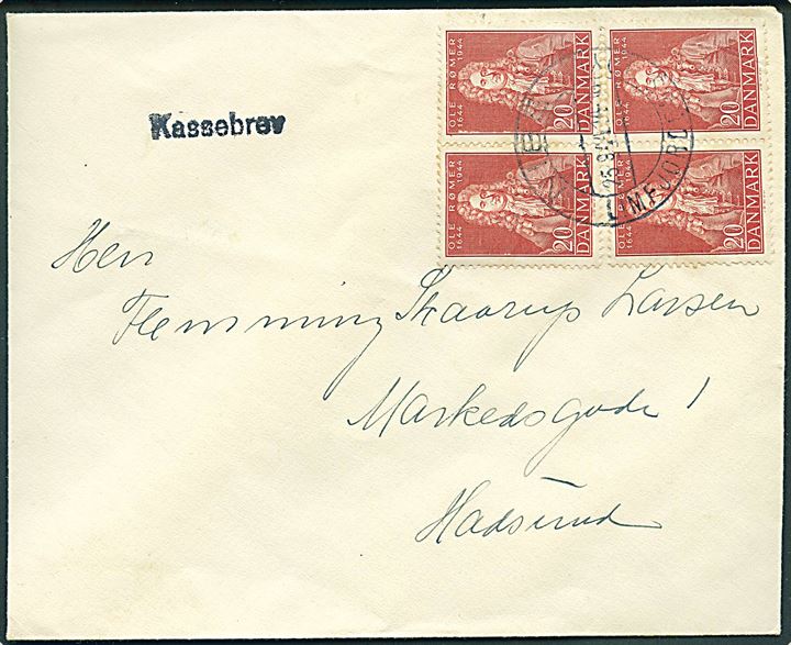 20 øre Ole Rømer i fireblok på brev fra Nibe d. 25.9.1944 (FDC) til Hadsund. Liniestempel Kassebrev.