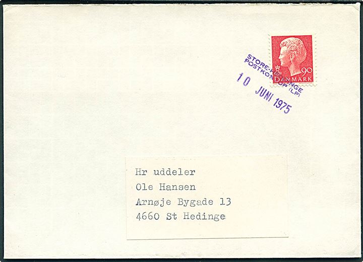 90 øre Margrethe på brev annulleret med trodat-stempel Store-Heddinge Postkontor (LP) d. 10.6.1975 til St. Hedinge.