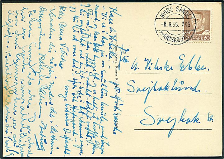 20 øre Fr. IX på brevkort (Havneparti fra Hvide Sande) annulleret med pr.-stempel Hvide Sande pr. Ringkøbing d. 8.9.1955 til Svejbæk.