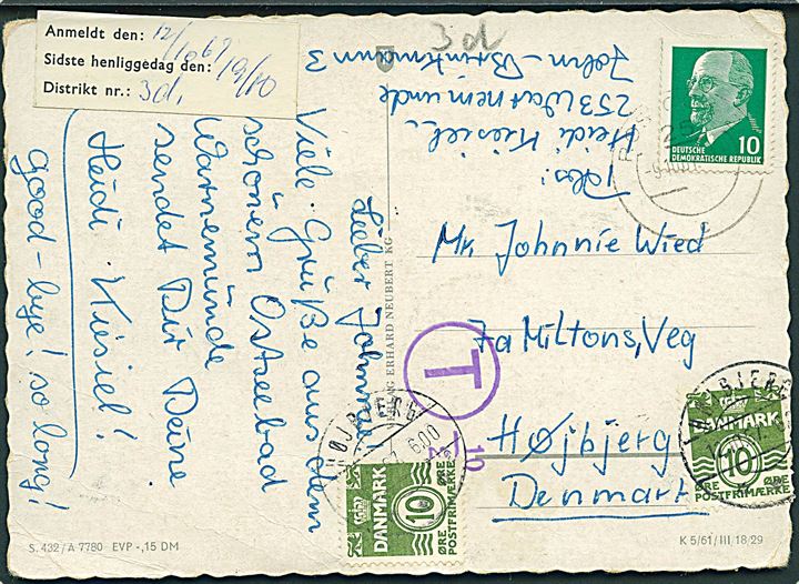 DDR 10 pfg. på underfrankeret brevkort fra Rostock d. 9.10.1967 til Højbjerg, Danmark. Udtakseret i porto med  10 øre Bølgelinie (2) stemplet Højbjerg d. 12.10.1967. Anmeldt til afhentning.