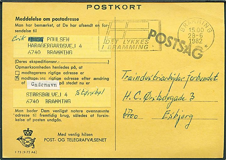 Meddelelse om adresseændring - formular F73 (9-72 A6) - sendt som postsag fra Bramming d. 28.6.1982 til Esbjerg.