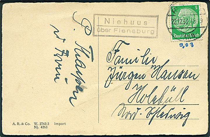 5 pfg. Hindenburg på tryksag annulleret Flensburg Land d. 22.12.1933 og sidestemplet Niehuus über Flensburg til Holzbüll, Nord Schleswig (= Holbøl, Danmark).