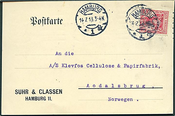 10 pfg. Germania med perfin S. & C. på brevkort fa firma Suhr & Claussen i Hamburg d. 4.7.1913 til Aodalsnrug, Norge.