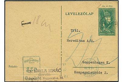 10 f. helsagsbrevkort sendt underfrankeret fra Budapest d. 2.6.1939 til København, Danmark. Sort T-stempel og 22 øre dansk porto-maskinstempel fra København d. 5.6.1939.