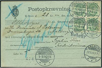 5 øre Våben (4) på 20 øre frankeret retur Postopkrævning fra Frederikssund d. 3.5.1904 til Aalborg. 
