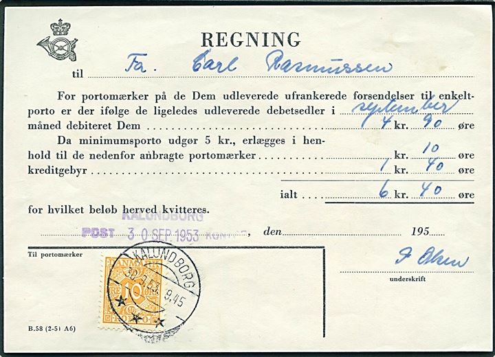 Regning for portoaftale formular B58 (2-51 A6) med 10 øre Portomærke stemplet Kalundborg d. 30.9.1953.
