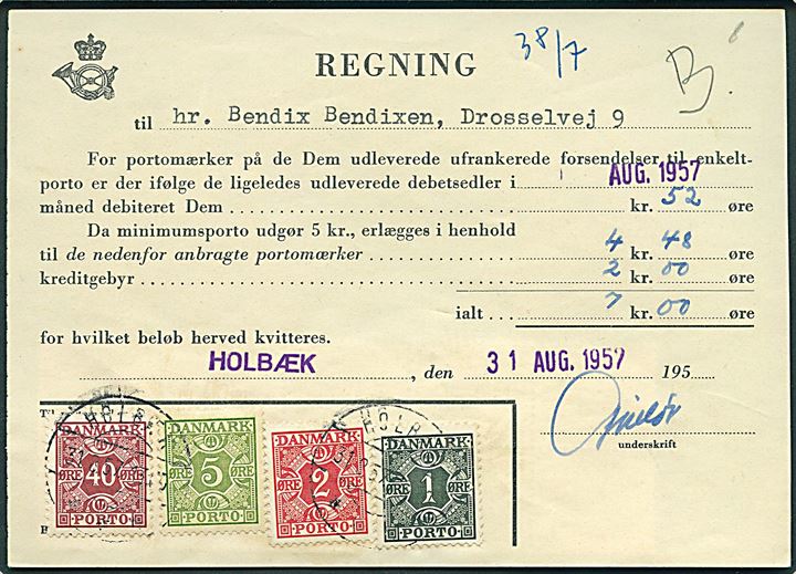 Regning for portoaftale formular B58 med 1 øre, 2 øre, 5 øre og 40 øre (11) Portomærke på for- og bagside stemplet Holbæk d. 31.8.1957.