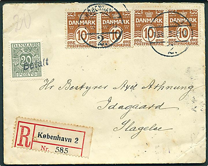 10 øre Bølgelinie (4) på anbefalet brev fra København 2 d. 13.4.1932 til Slagelse. Udtakseret i porto med 20 øre Portomærke annulleret med liniestempel Betalt.