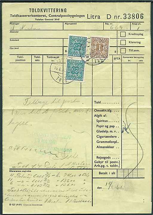 25 øre (par) og 1 kr. Portomærke på Toldkvittering fra Toldkassererkontoret stemplet København Told d. 15.8.1961.