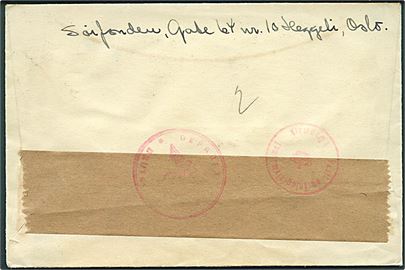 20 øre Turist udg. på brev fra Oslo d. 9.9.1940 til København, Danmark. Åbnet af tidlig tysk censur i Norge med neutral brun banderole stemplet Geprüft * Deutsche Zensur *.