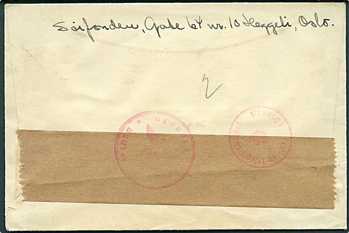 20 øre Turist udg. på brev fra Oslo d. 9.9.1940 til København, Danmark. Åbnet af tidlig tysk censur i Norge med neutral brun banderole stemplet Geprüft * Deutsche Zensur *.