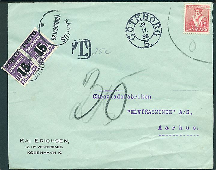 15 øre Tavsen markeret ugyldig på brev fra København postlagt i Göteborg d. 28.11.1936 til Aarhus, Danmark. Udtakseret i porto med 15/12 øre Porto-provisorium i parstykke stemplet Aarhus d. 30.11.1936.