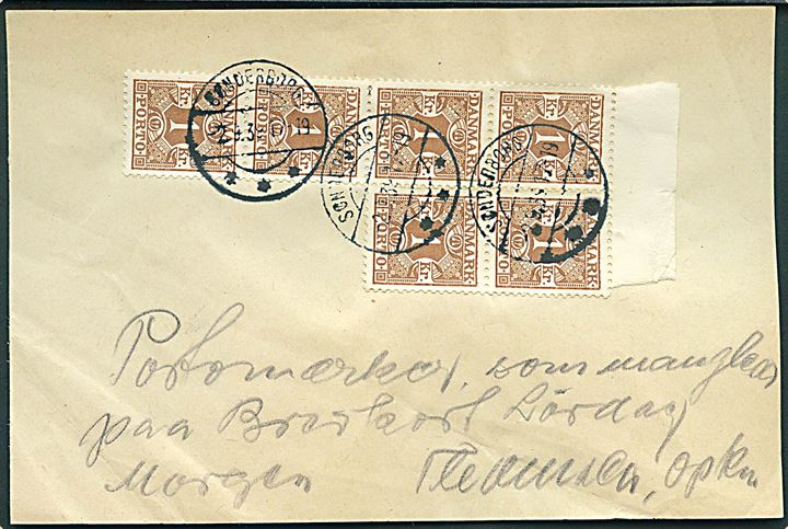 1 kr. Portomærke (6) på seddel stemplet Sønderborg d. 2.9.1939. Påskrevet Portomærker som mangler på brevkort Lørdag morgen.