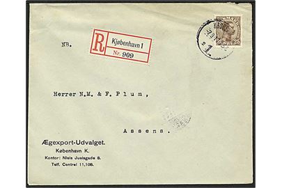 25 øre Chr. X single på anbefalet brev fra Kjøbenhavn 1 d. 7.9.1917 til Assens.