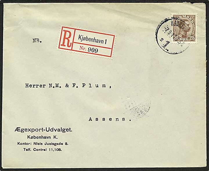 25 øre Chr. X single på anbefalet brev fra Kjøbenhavn 1 d. 7.9.1917 til Assens.