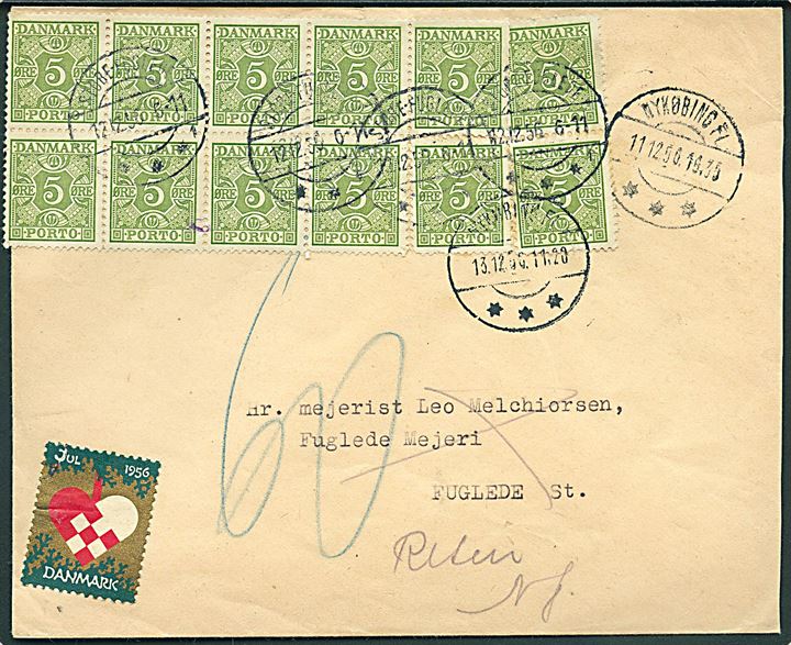 Ufrankeret brev med Julemærke 1956 fra Nykøbing Fl. d. 11.12.1956 til Fuglede. Udtakseret i porto med 5 øre Portomærke (12) stemplet Store-Fuglede d. 12.12.1956. Retur som modtagelse nægtet.
