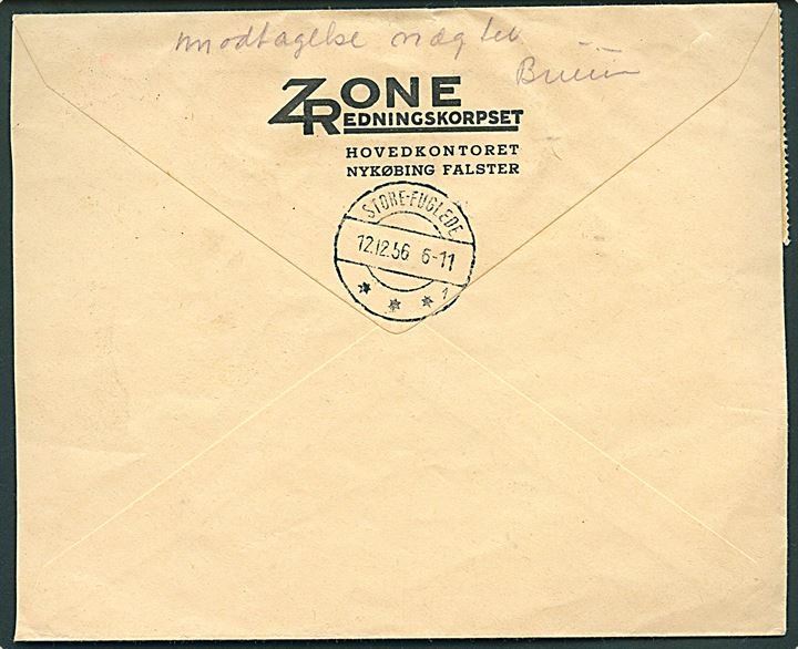 Ufrankeret brev med Julemærke 1956 fra Nykøbing Fl. d. 11.12.1956 til Fuglede. Udtakseret i porto med 5 øre Portomærke (12) stemplet Store-Fuglede d. 12.12.1956. Retur som modtagelse nægtet.
