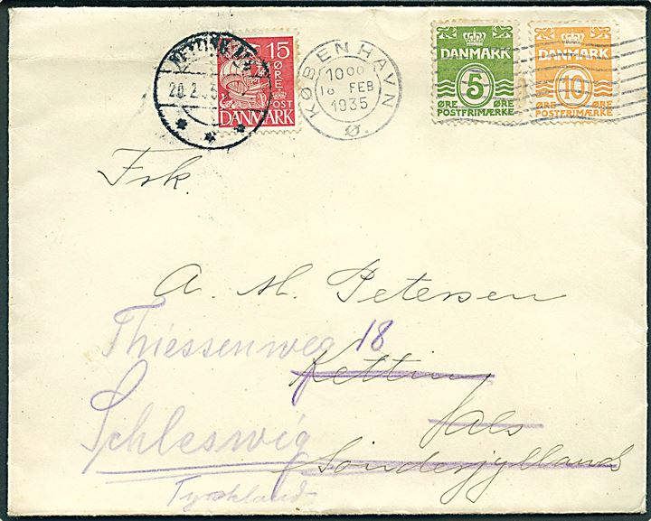 5 øre og 10 øre Bølgelinie på brev fra København d. 18.2.1935 til Ketting Als - opfrankeret med 15 øre Karavel stemplet Ketting Als d. 20.2.1935 og eftersendt til Schleswig, Tyskland.