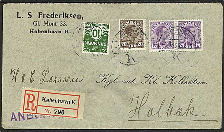 15 øre (par), 20 øre Chr. X og 10 øre Bølgelinie på 60 øre frankeret 2. vægt-kl. anbefalet brev fra København d. 6.11.1925 til Holbæk.