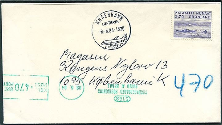 2,70 kr. Maleri på brev fra Dundas postet i København Lufthavn d. 8.6.1984 til København. Udtakseret i porto med 470 øre grønt portomaskinstempel.