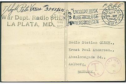 Ufrankeret Free mail QSL-kort fra United States Army Signal Corps i La Plata d. 26.8.1946 til Aalborg, Danmark. Amerikansk portostempel fra New York, men ikke udtakseret i dansk porto.