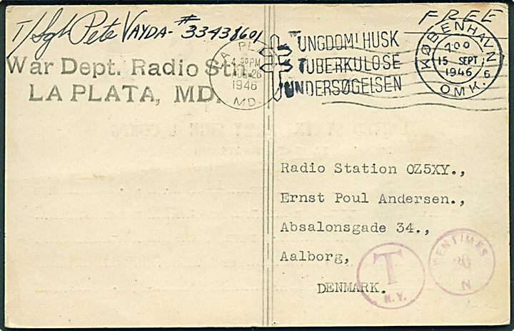Ufrankeret Free mail QSL-kort fra United States Army Signal Corps i La Plata d. 26.8.1946 til Aalborg, Danmark. Amerikansk portostempel fra New York, men ikke udtakseret i dansk porto.