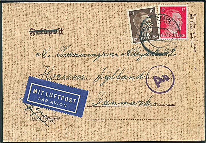 10 pfg. og 12 pfg. Hitler på Feltpostformular fra dansker ved Ufa (Universum Film Aktiengesellschaft) i Berlin d. 8.3.1943 til Horsens, Danmark. Tysk censur fra Berlin.