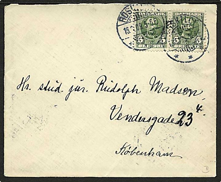 5 øre Fr. VIII (2) på brev fra Roskilde d. 16.6.1909 til København. På bagsiden transit stemplet med bureaustempel Kjøbenhavn - Korsør T.37 d. 16.6.1909.