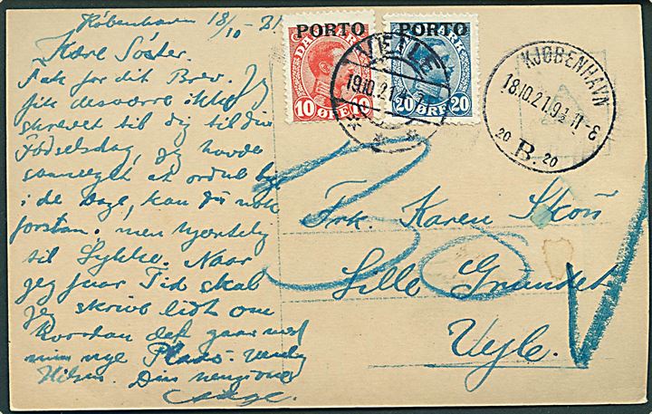 Ufrankeret brevkort fra Kjøbenhavn d. 18.10.1921 til Vejle. Udtakseret i porto med 10 øre og 20 øre Chr. X porto-provisorium stemplet Veile d. 19.10.1921.