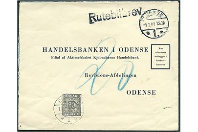 Ufrankeret svarkuvert stemplet Odense d. 5.2.1941 og sidestemplet Rutebilbrev til Odense. Udtakseret i enkeltporto med 20øre Portomærke stemplet Odense d. 10.2.1941.
