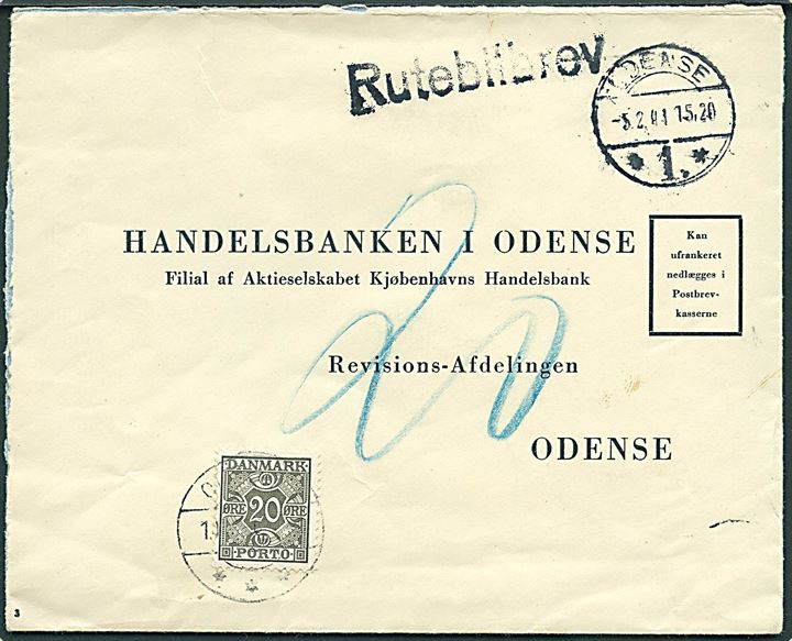 Ufrankeret svarkuvert stemplet Odense d. 5.2.1941 og sidestemplet Rutebilbrev til Odense. Udtakseret i enkeltporto med 20øre Portomærke stemplet Odense d. 10.2.1941.