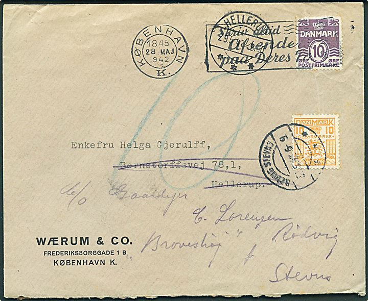 10 øre Bølgelinie på lokalbrev i København d. 28.5.1942 til Hellerup eftersendt til Rødvig Stevns og udtakseret i enkeltporto til landsporto med 10 øre Gebyrmærke anvendt som portomærke stemplet Rødvig Stevns d. 30.5.1942.