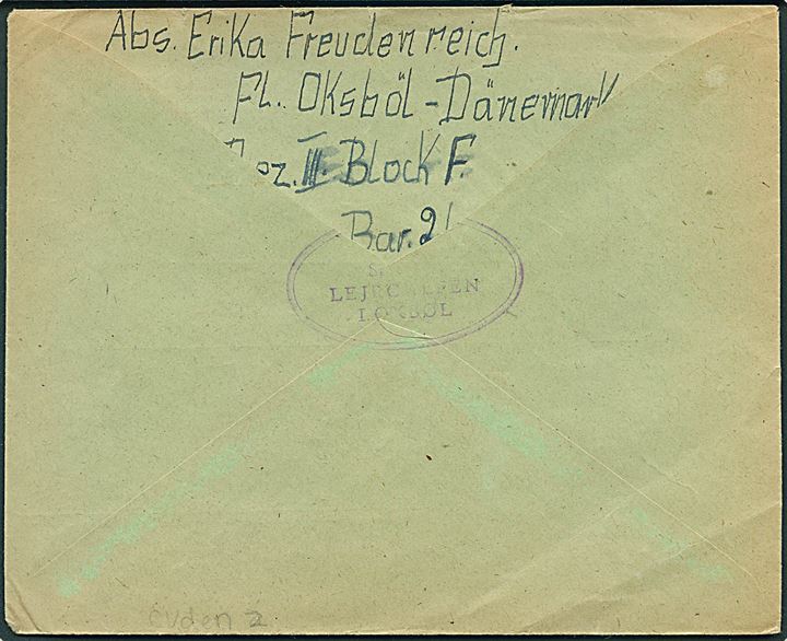 20 øre Chr. X i parstykke på brev fra flygtning stemplet Oksbøl d. 23.1.1946 til Int. Røde Kors i Geneve, Schweiz. På bagsiden stemplet (krone) S.c.L. Lejrchefen i Oxsbøl. 