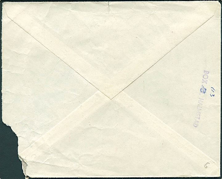 Svensk 75 öre markeret ugyldig på brev fra Halmstad sidestemplet Næstved d. 8.4.1975 til Næstved. Udtakseret i 180 øre porto med portomaskinstempel fra Næstved. Endvidere revet og stemplet Indgået ned beskadiget emballage. 