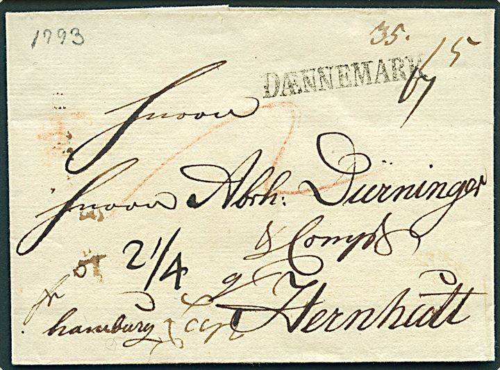 1793. Francobrev fra København d. 3.9.1793 påskrevet Fr. Hamburg til Herrnhut, Sachsen. Liniestempel DÆNNEMARK og flere portopåtegninger.