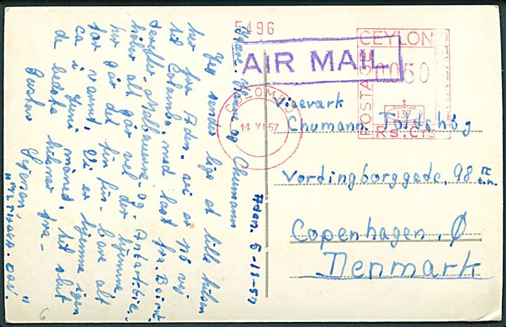 Frankostemplet luftpost brevkort (M/S Thala Dan) dateret Aden fra Colombo, Ceylon d. 14.11.1957 til København. Iflg. meddelelse sendt fra det danske polarskib under rejse til Antarktis.